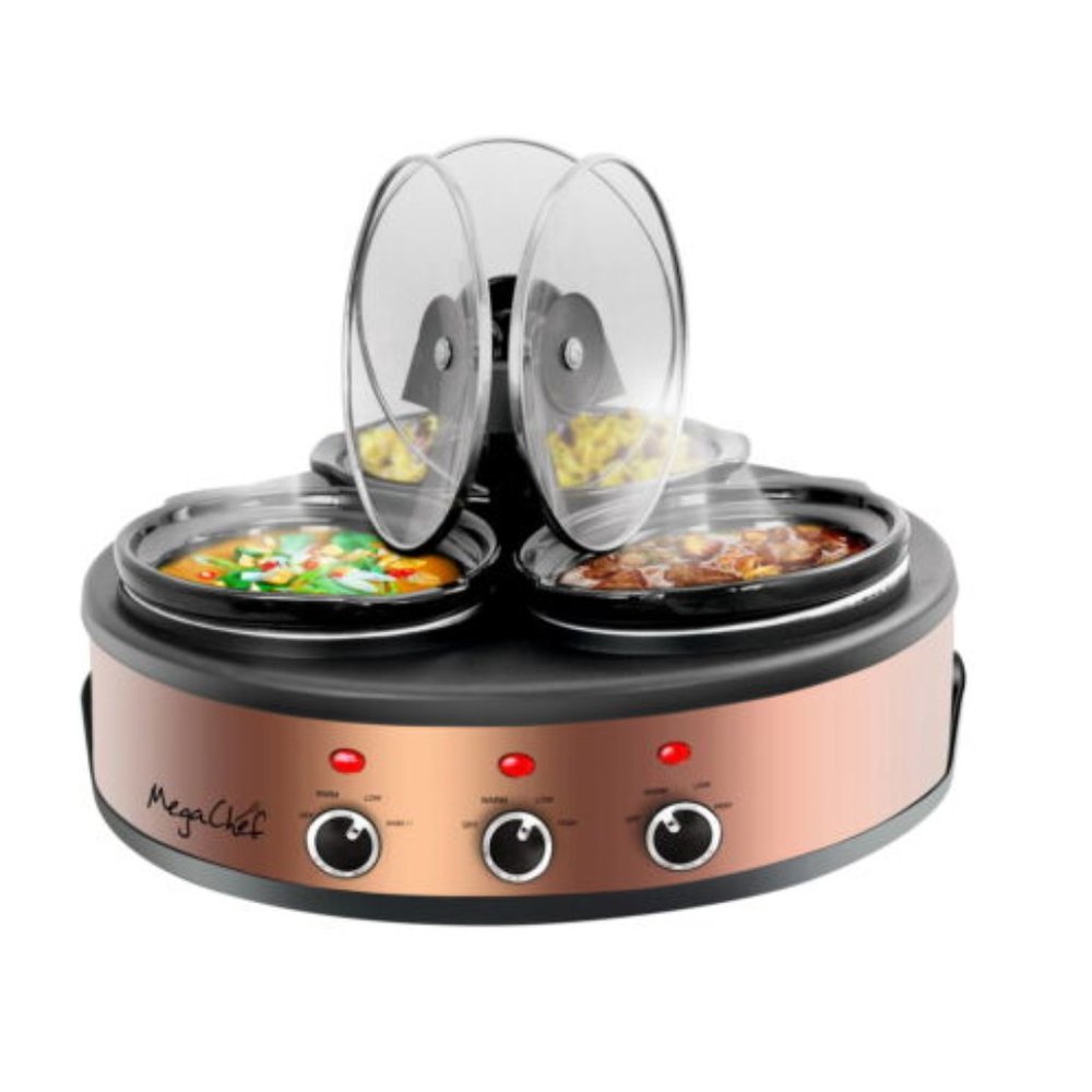 MegaChef Triple 1.5 Quart Slow Cooker and Buffet Server in Copper